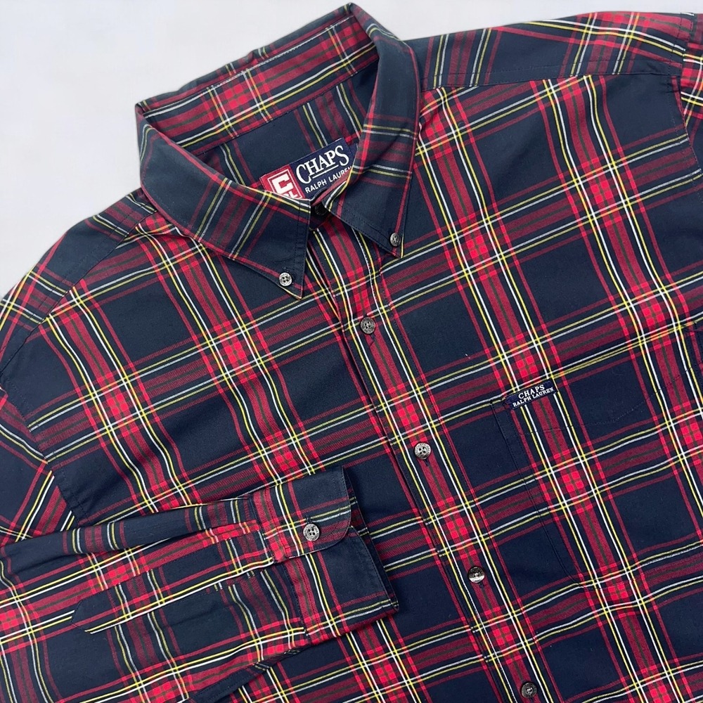 Vintage Chaps Ralph Lauren Shirt Men's M Blue Red Tartan Plaid Button Down